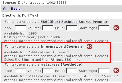SFX menu for an Informaworld ejournal title