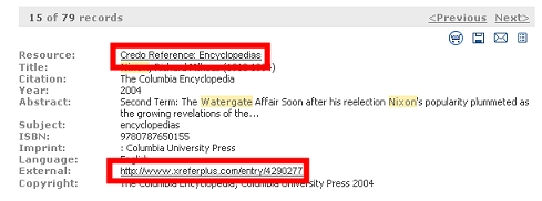 Credo - screengrab of MetaLib result display
