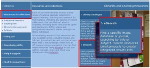 LLR web site - Resource and Collections section showing principal access route to eSearch