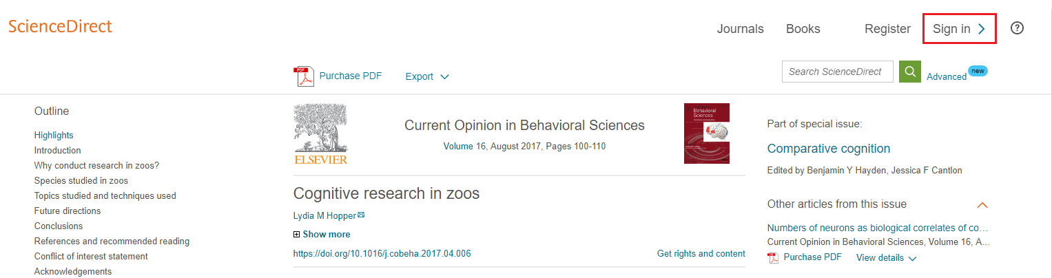 Science direct sign in option