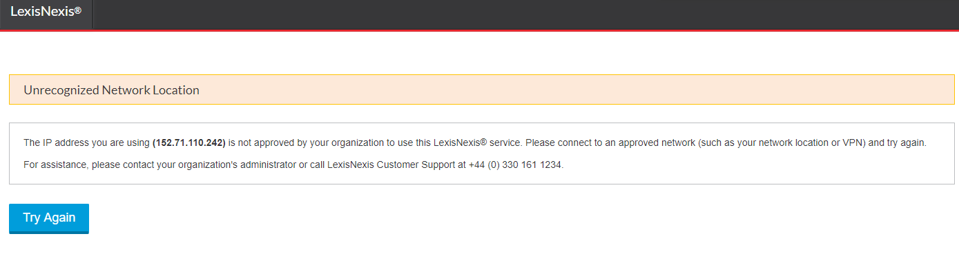 LexisLibrary news section error page - unrecognized network location