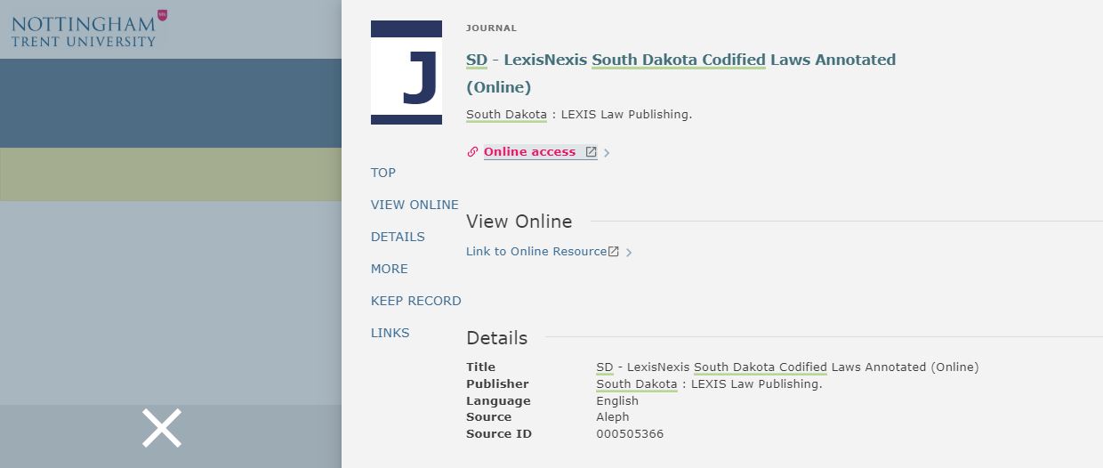 Library OneSearch entry for LexisLibrary direct access content