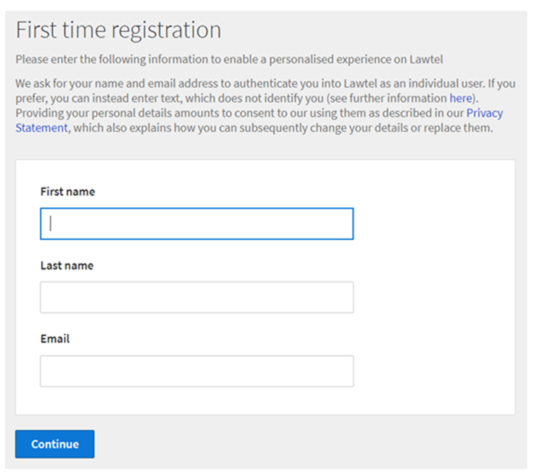 The Lawtel one-time registration form